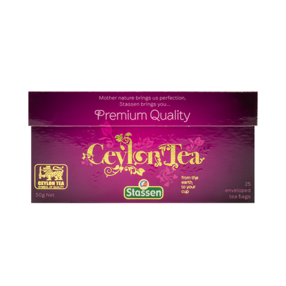 Opakowanie frontowe Stassen Premium Quality Ceylon Tea – eleganckie pudełko w kolorze bordowym.