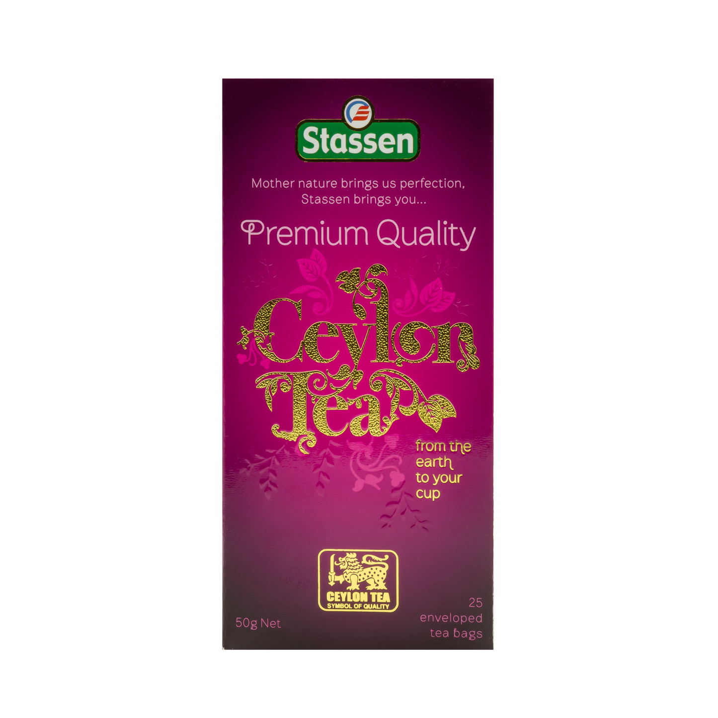 Pionowe opakowanie herbaty Stassen Premium Quality Ceylon Tea – herbata czarna o głębokim aromacie.