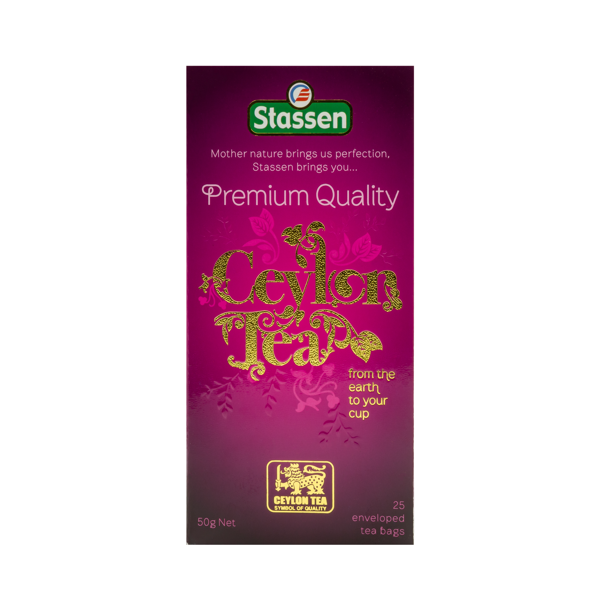 Pionowe opakowanie herbaty Stassen Premium Quality Ceylon Tea – herbata czarna o głębokim aromacie.