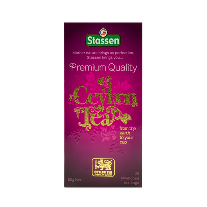 Pionowe opakowanie herbaty Stassen Premium Quality Ceylon Tea – herbata czarna o głębokim aromacie.