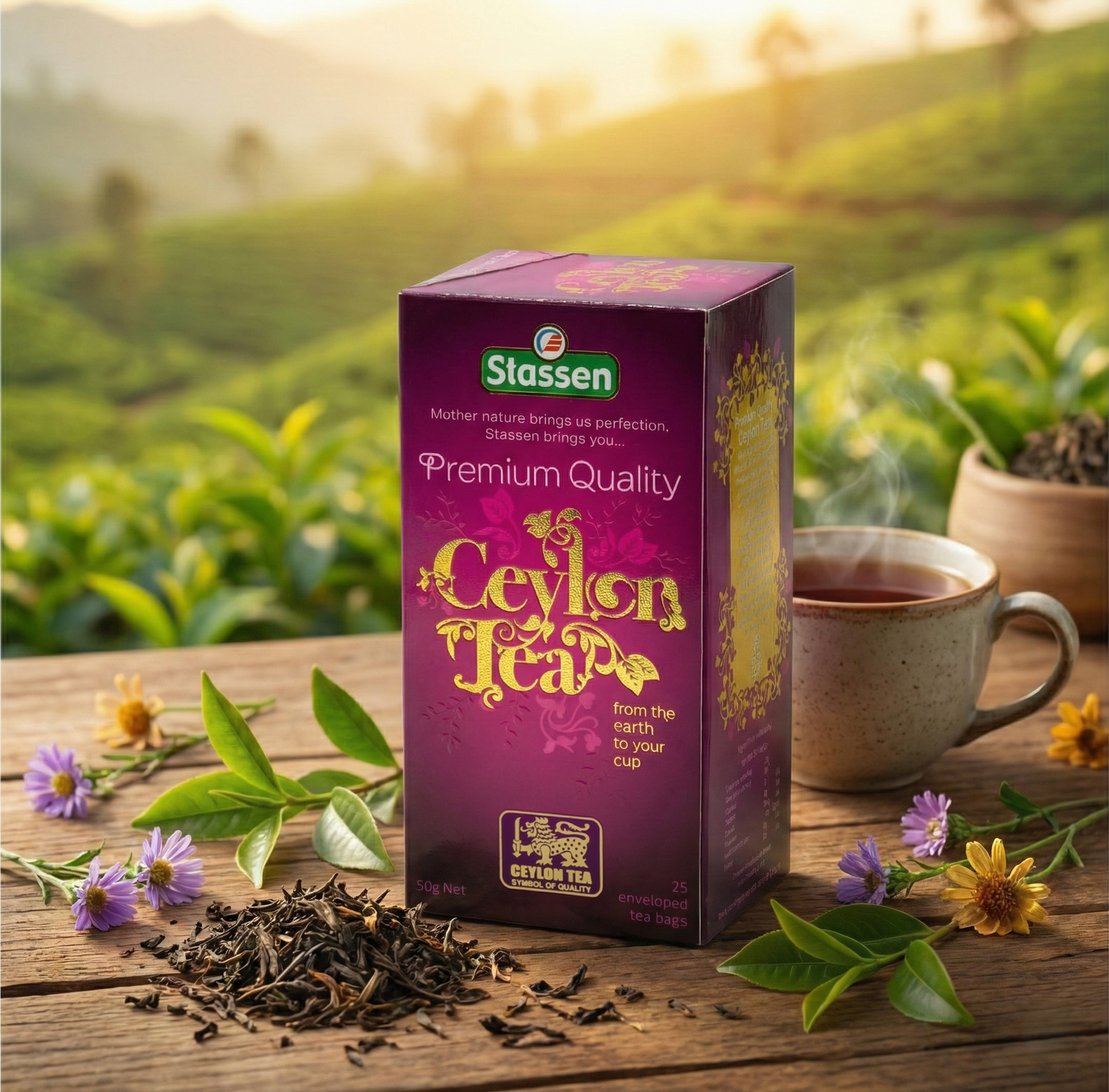 Opakowanie herbaty Ceylon Tea Premium Quality Stassen na drewnianym stole, liście herbaty, filiżanka naparu i plantacja w tle.