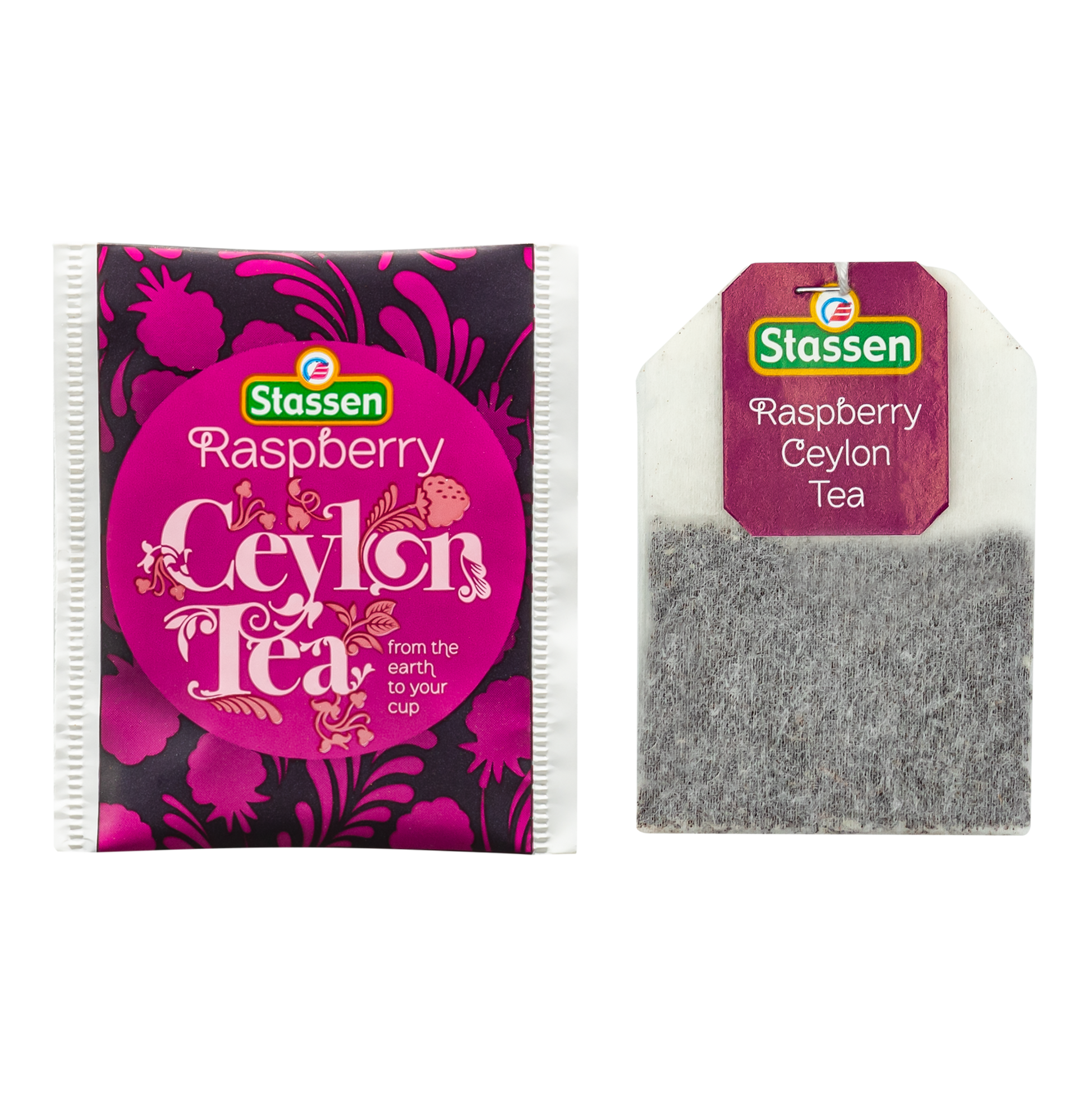 Koperta i torebka herbaty Stassen Raspberry Tea – aromatyczna herbata cejlońska z maliną.