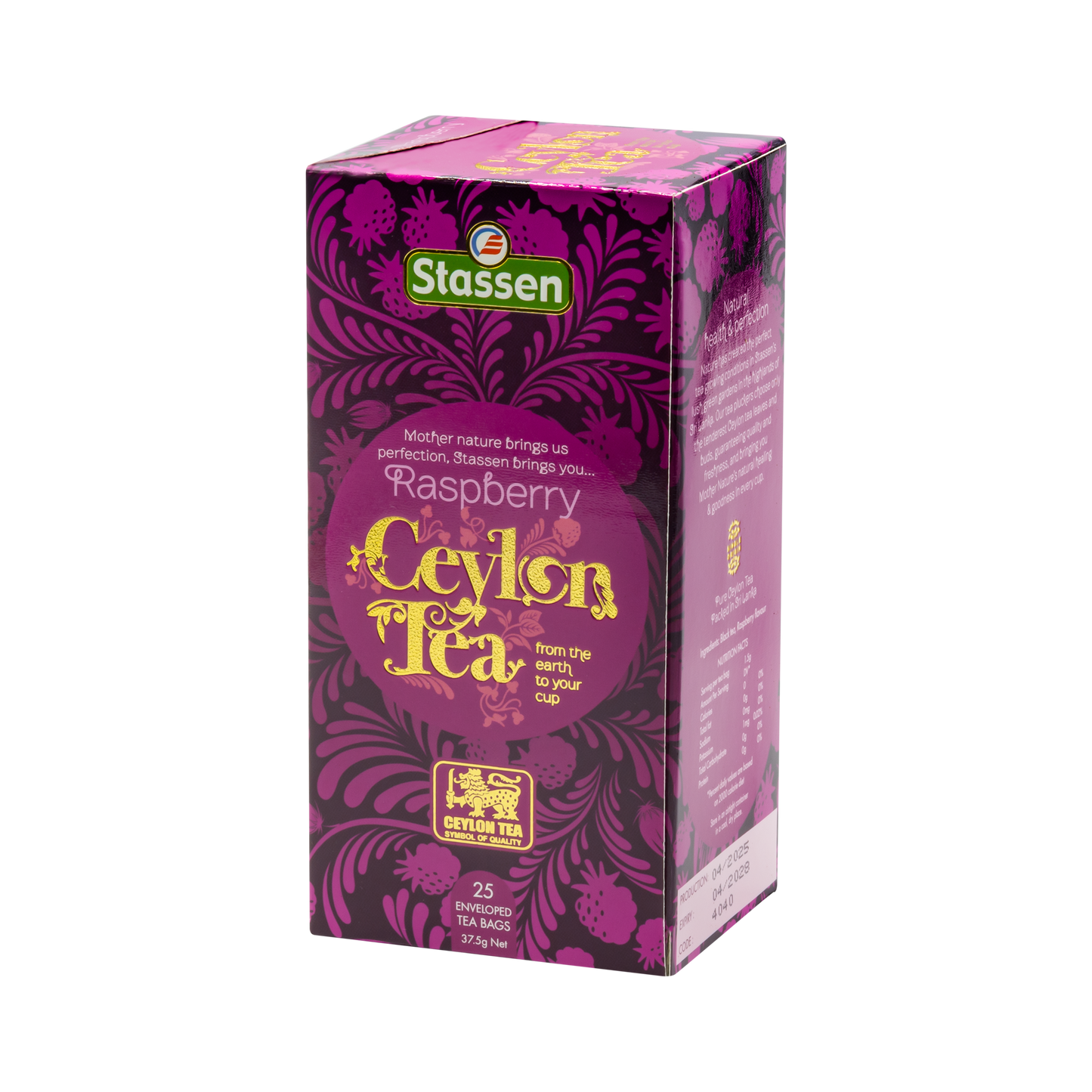 Lewy bok pudełka Stassen Raspberry Ceylon Tea – informacje o składzie i wartościach herbaty.