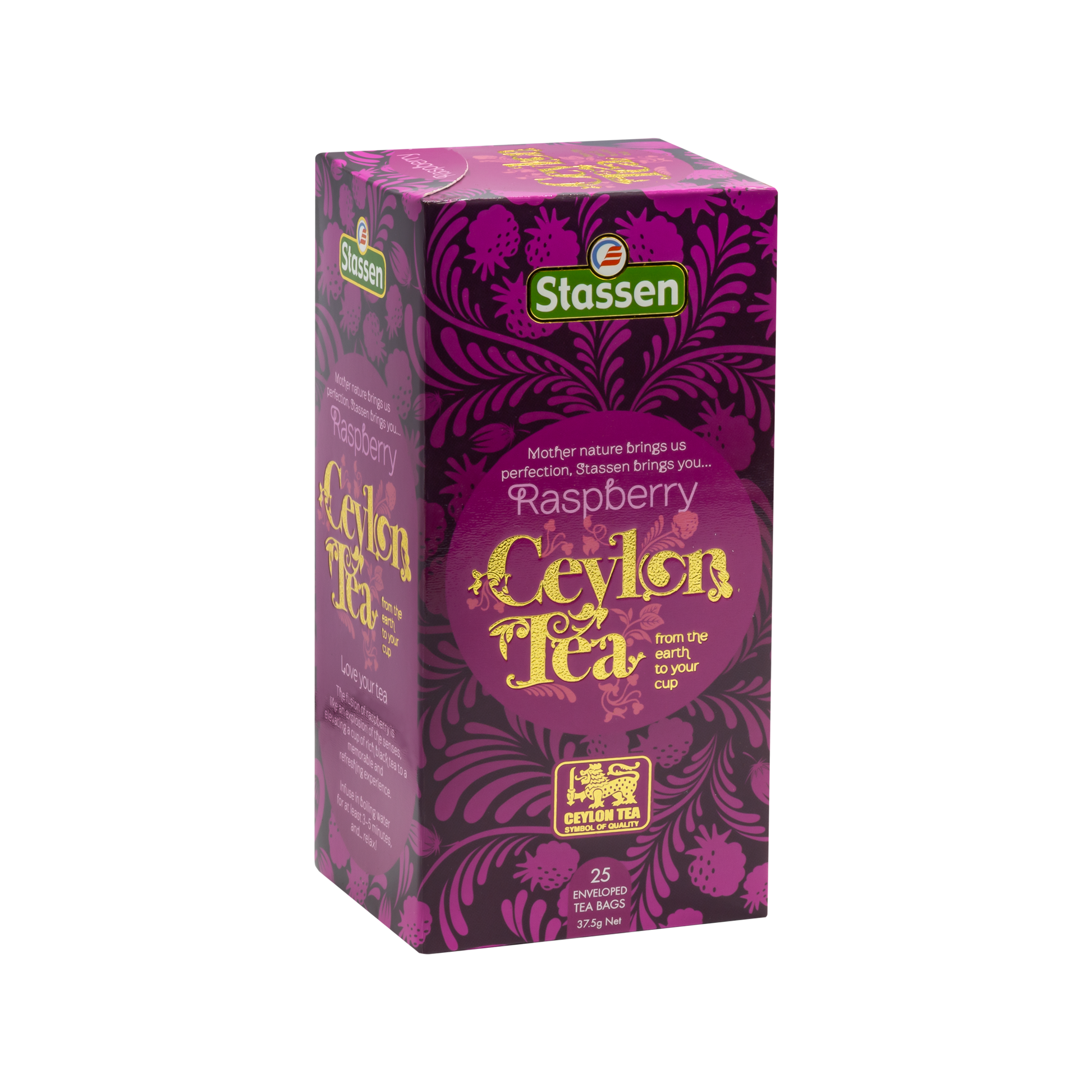 Prawy bok opakowania Stassen Raspberry Tea – elegancka herbata cejlońska o malinowym aromacie.
