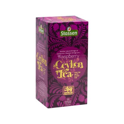 Prawy bok opakowania Stassen Raspberry Tea – elegancka herbata cejlońska o malinowym aromacie.