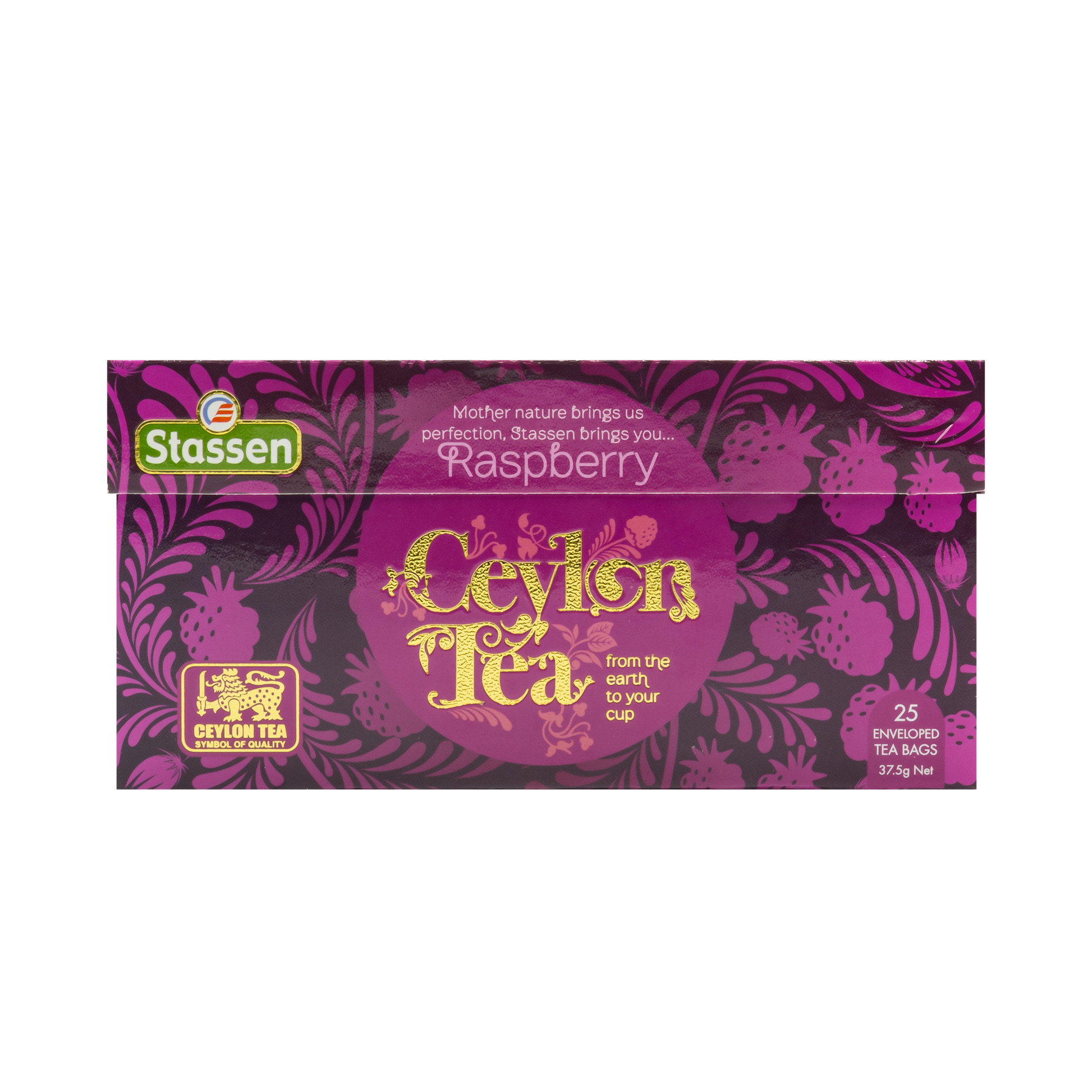 Opakowanie frontowe Stassen Raspberry Ceylon Tea – intensywnie malinowe pudełko z napisem Ceylon Tea.