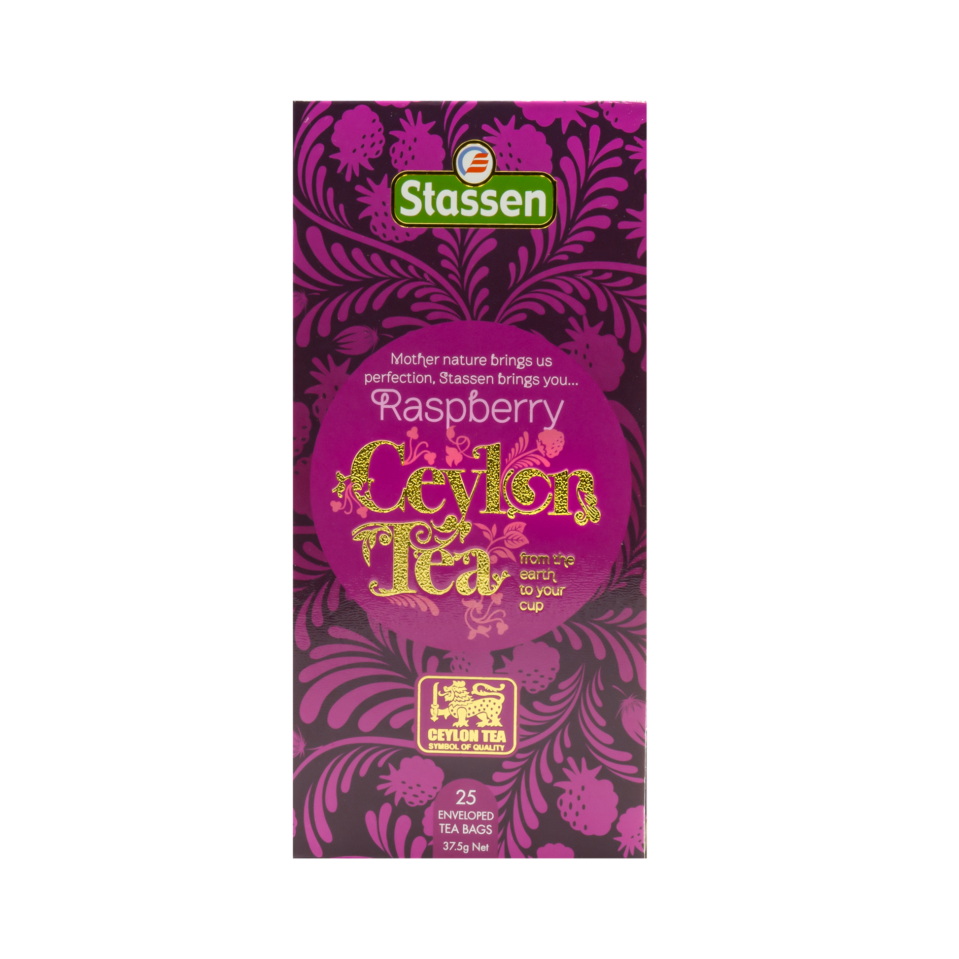 Pionowe opakowanie Stassen Raspberry Tea – czarna herbata z owocową nutą.