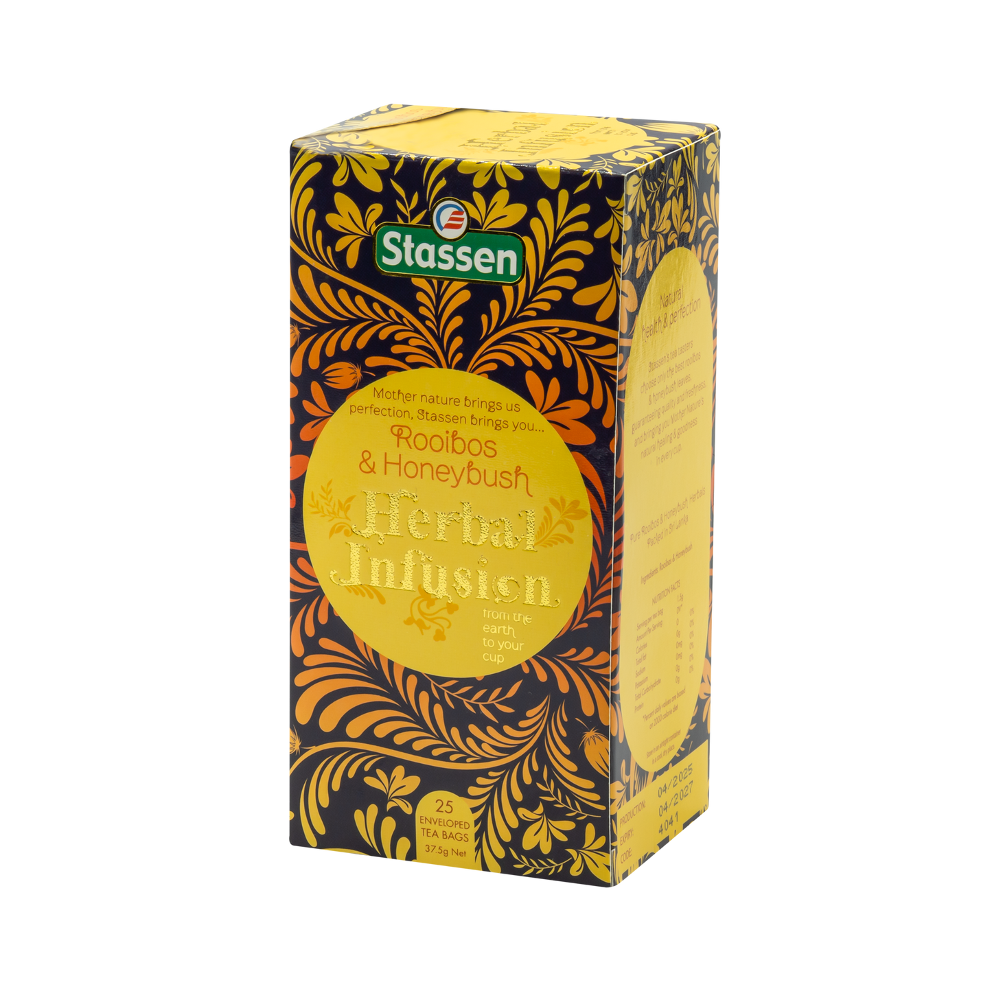 Lewy bok pudełka Stassen Rooibos & Honeybush – informacje o składzie i wartościach naparu.