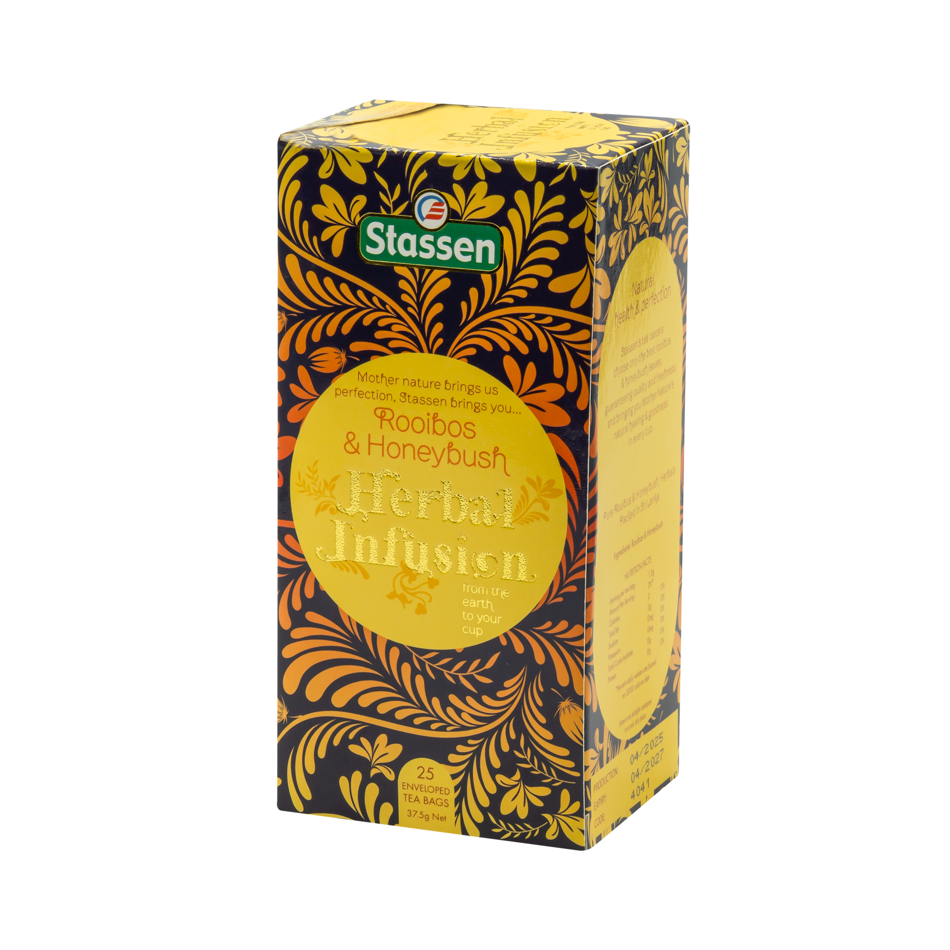 Lewy bok pudełka Stassen Rooibos & Honeybush – informacje o składzie i wartościach naparu.