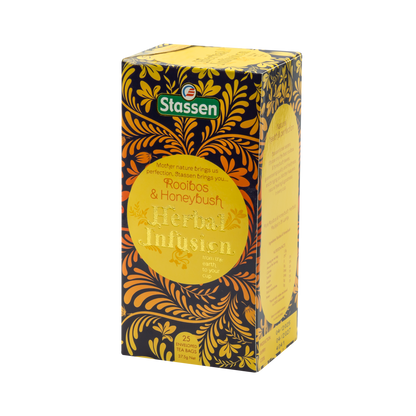 Lewy bok pudełka Stassen Rooibos & Honeybush – informacje o składzie i wartościach naparu.