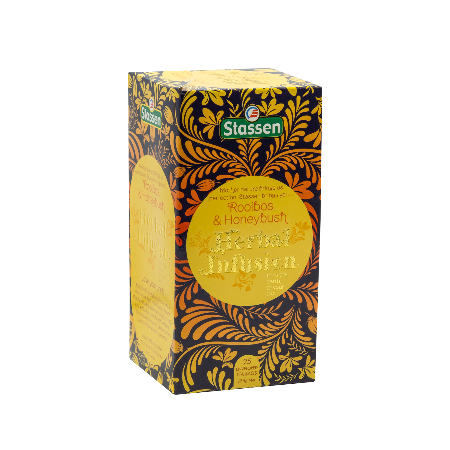 Prawy bok opakowania Stassen Rooibos & Honeybush – ziołowa herbata relaksująca bez kofeiny.