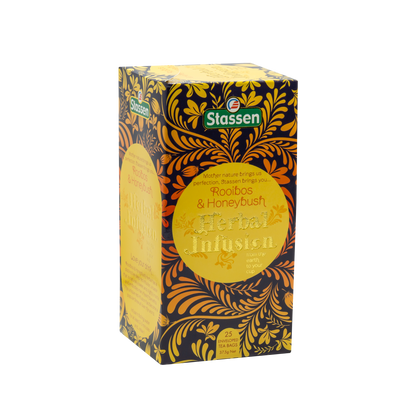 Prawy bok opakowania Stassen Rooibos & Honeybush – ziołowa herbata relaksująca bez kofeiny.