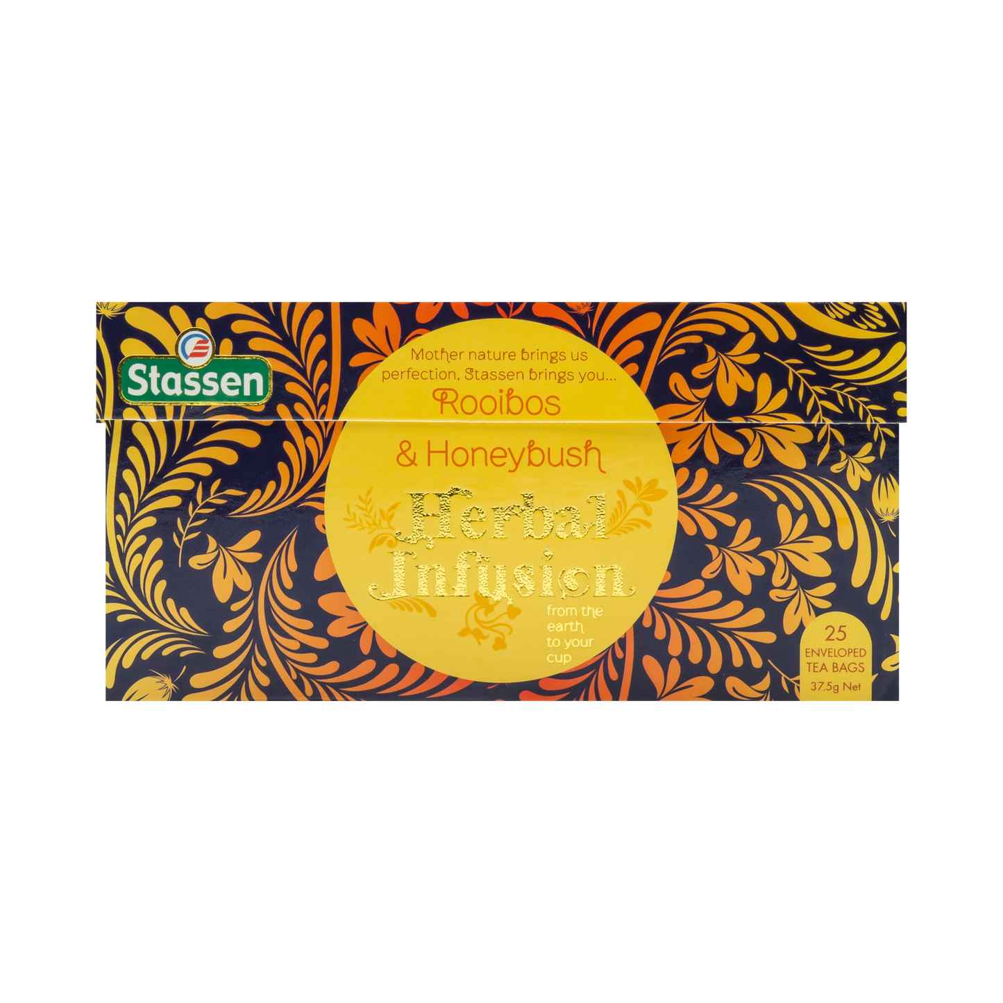 Opakowanie frontowe Stassen Rooibos & Honeybush – ziołowa herbata o miodowym aromacie.