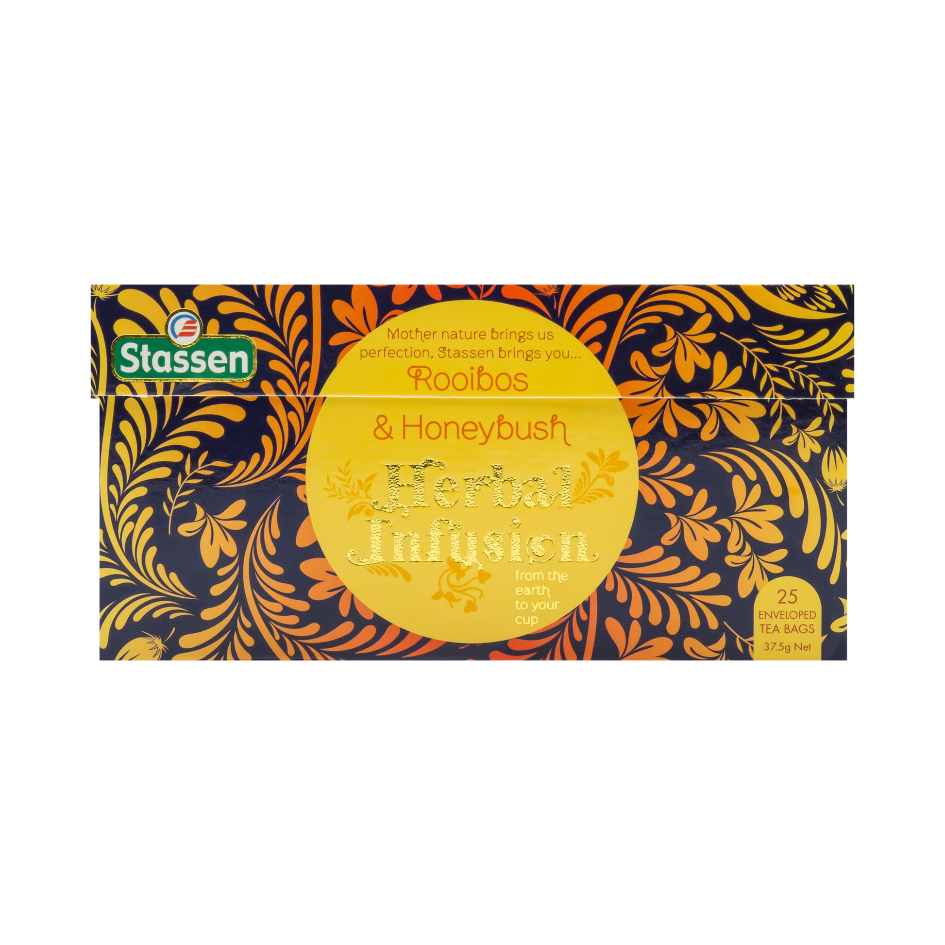 Opakowanie frontowe Stassen Rooibos & Honeybush – ziołowa herbata o miodowym aromacie.