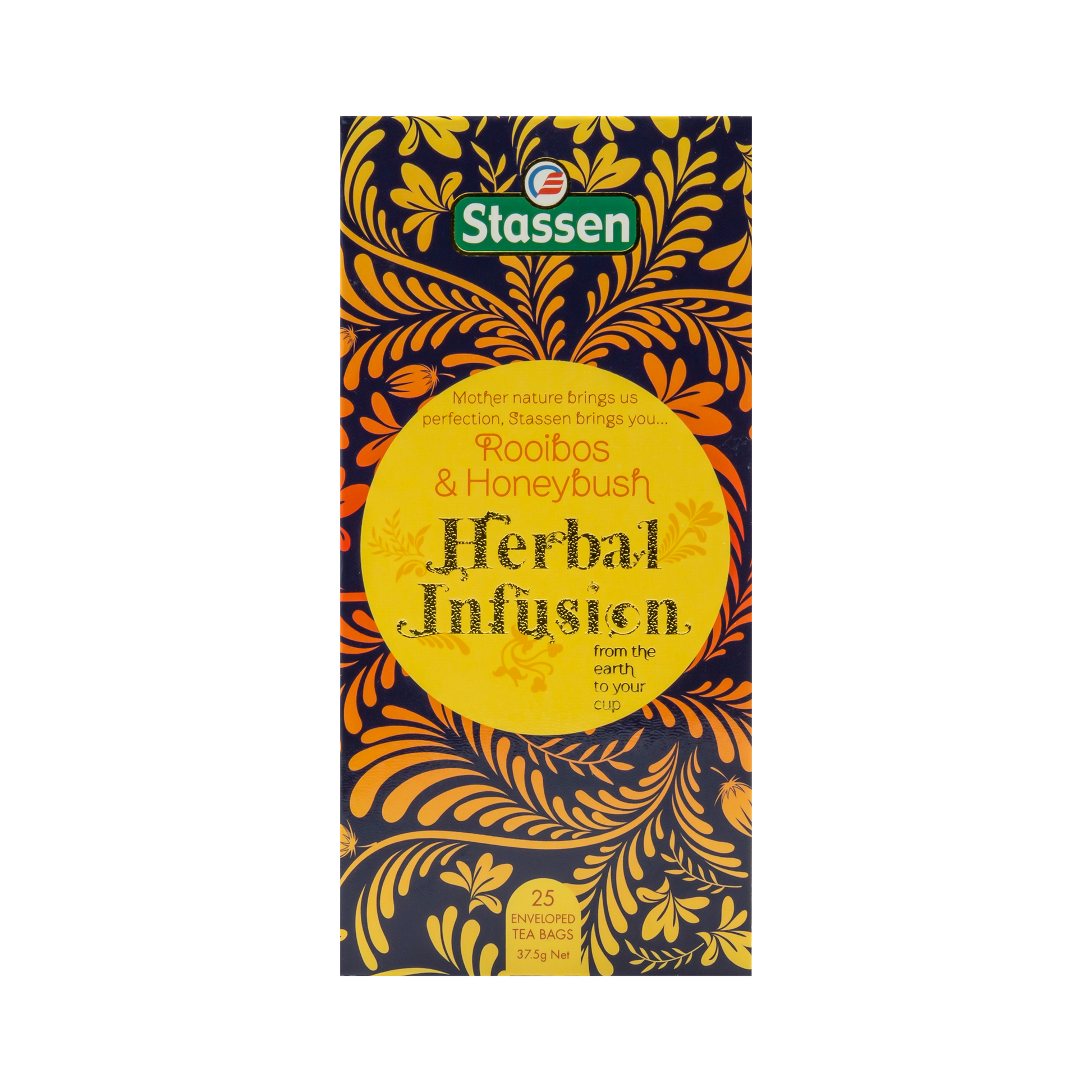 Pionowe opakowanie Stassen Rooibos & Honeybush – delikatny napar z rooibosa i honeybusha.