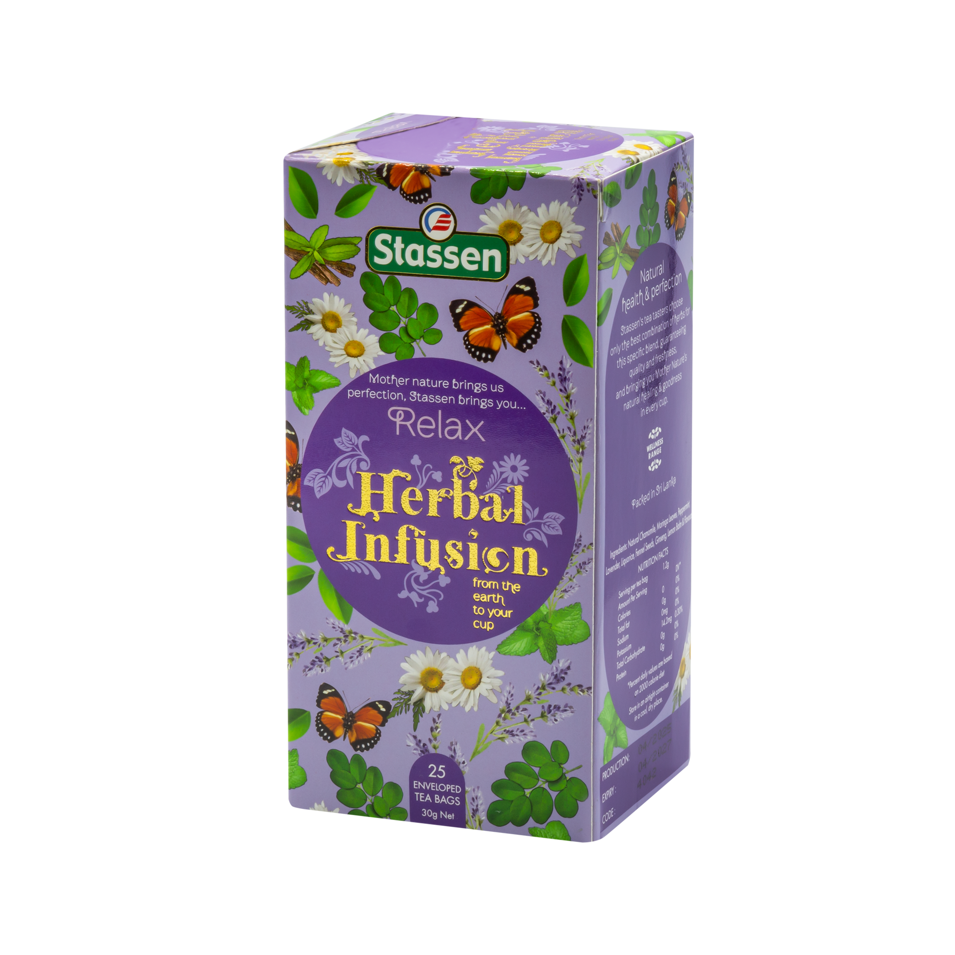 Lewy bok pudełka Stassen Relax Herbal Infusion – informacje o składzie i wartościach herbaty.