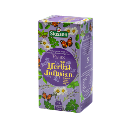 Lewy bok pudełka Stassen Relax Herbal Infusion – informacje o składzie i wartościach herbaty.
