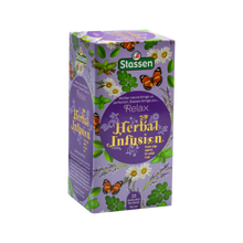 Prawy bok opakowania Stassen Relax Herbal Infusion – naturalna herbata ziołowa dla odprężenia.