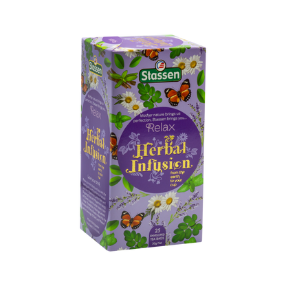 Prawy bok opakowania Stassen Relax Herbal Infusion – naturalna herbata ziołowa dla odprężenia.
