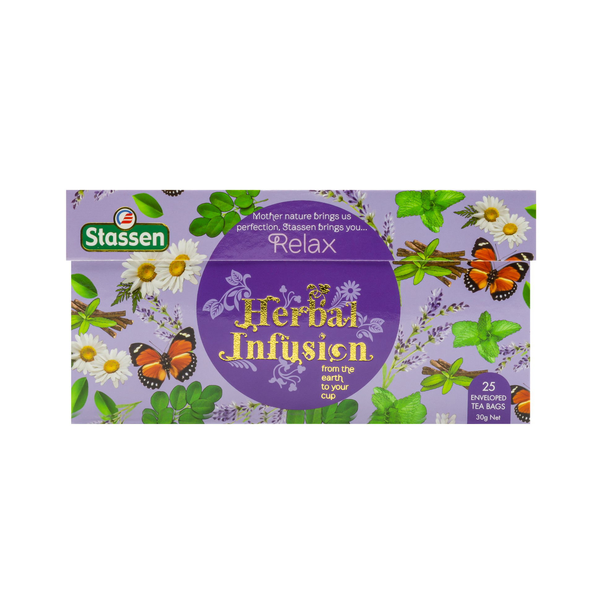 Opakowanie frontowe Stassen Relax Herbal Infusion – ziołowa herbata na relaks i wyciszenie.