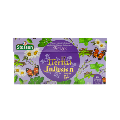 Opakowanie frontowe Stassen Relax Herbal Infusion – ziołowa herbata na relaks i wyciszenie.