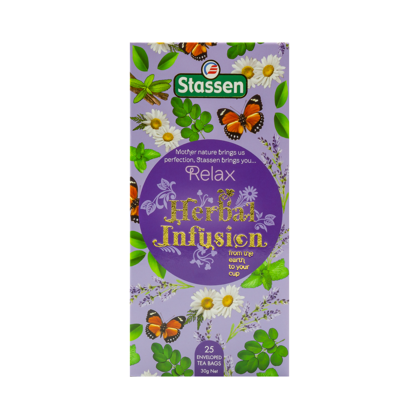 Pionowe opakowanie Stassen Relax Herbal Infusion – delikatny napar z ziół uspokajających.