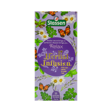 Pionowe opakowanie Stassen Relax Herbal Infusion – delikatny napar z ziół uspokajających.