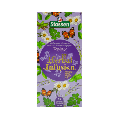 Pionowe opakowanie Stassen Relax Herbal Infusion – delikatny napar z ziół uspokajających.