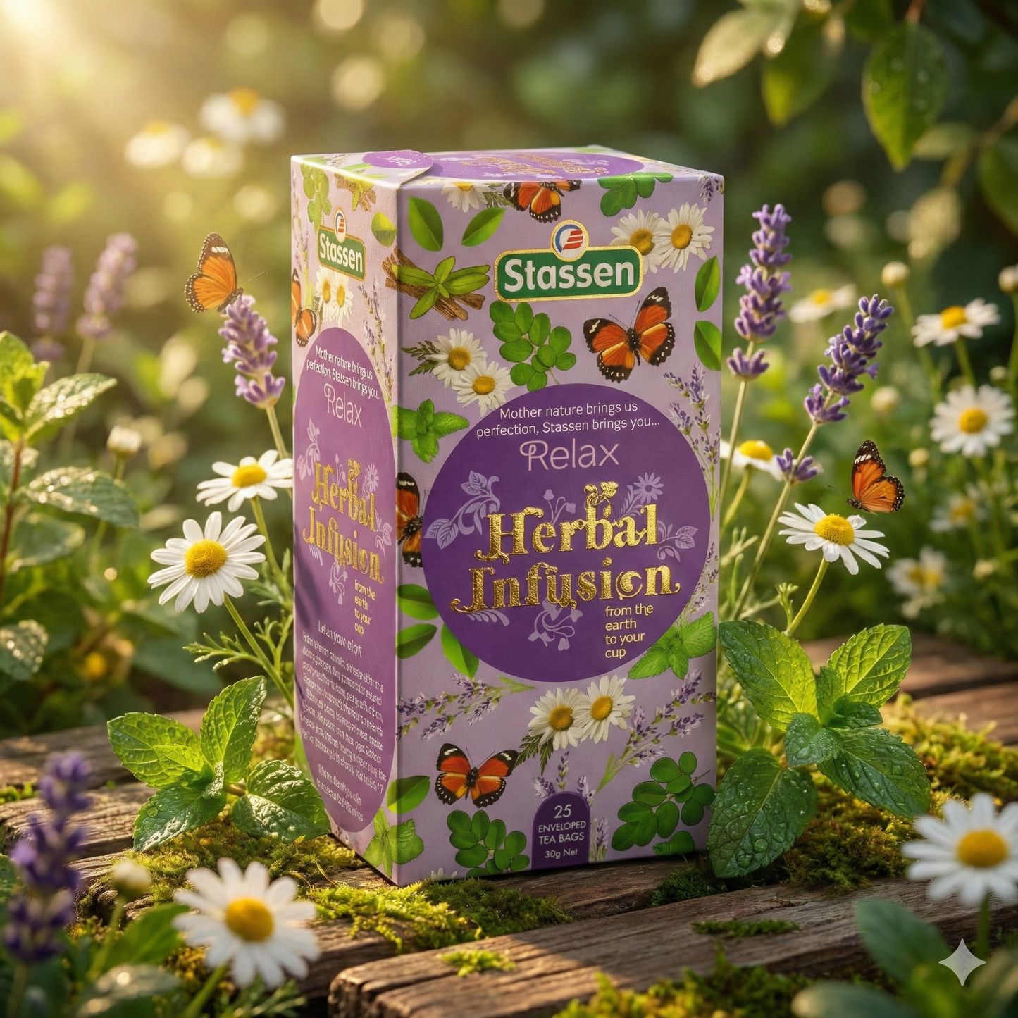 Opakowanie herbaty ziołowej Stassen Relax w ogrodzie, otoczone kwiatami, miętą, lawendą i motylami w naturalnym świetle.