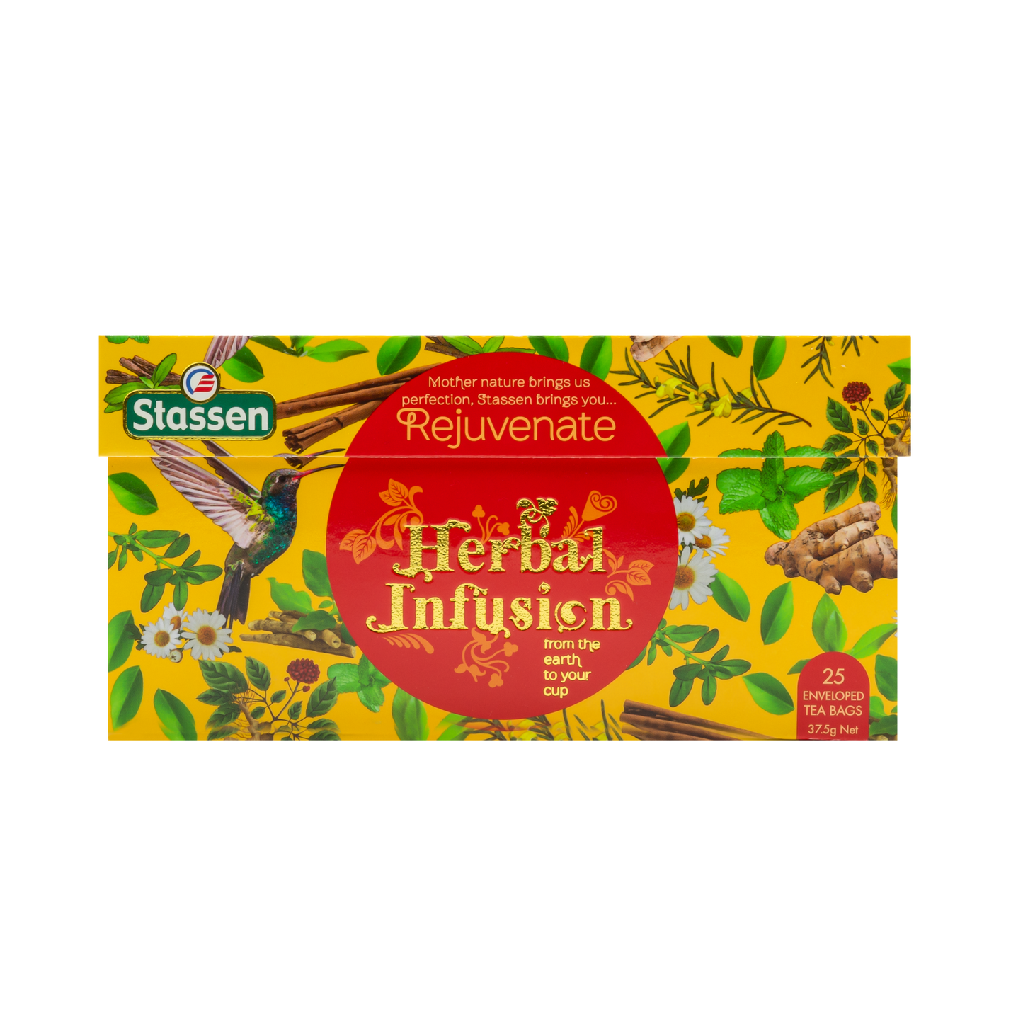 Pudełko herbaty Stassen Rejuvenate Herbal Infusion z motywem ziół i kolibra.