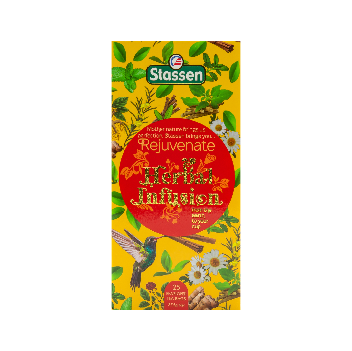 Widok z góry na pudełko herbaty ziołowej Stassen Rejuvenate Herbal Infusion.