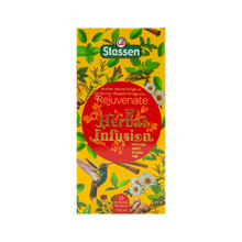 Widok z góry na pudełko herbaty ziołowej Stassen Rejuvenate Herbal Infusion.