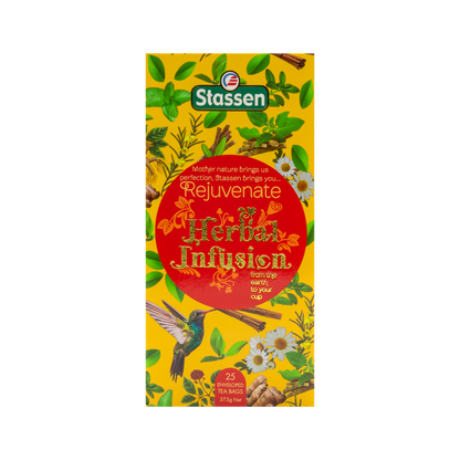 Widok z góry na pudełko herbaty ziołowej Stassen Rejuvenate Herbal Infusion.