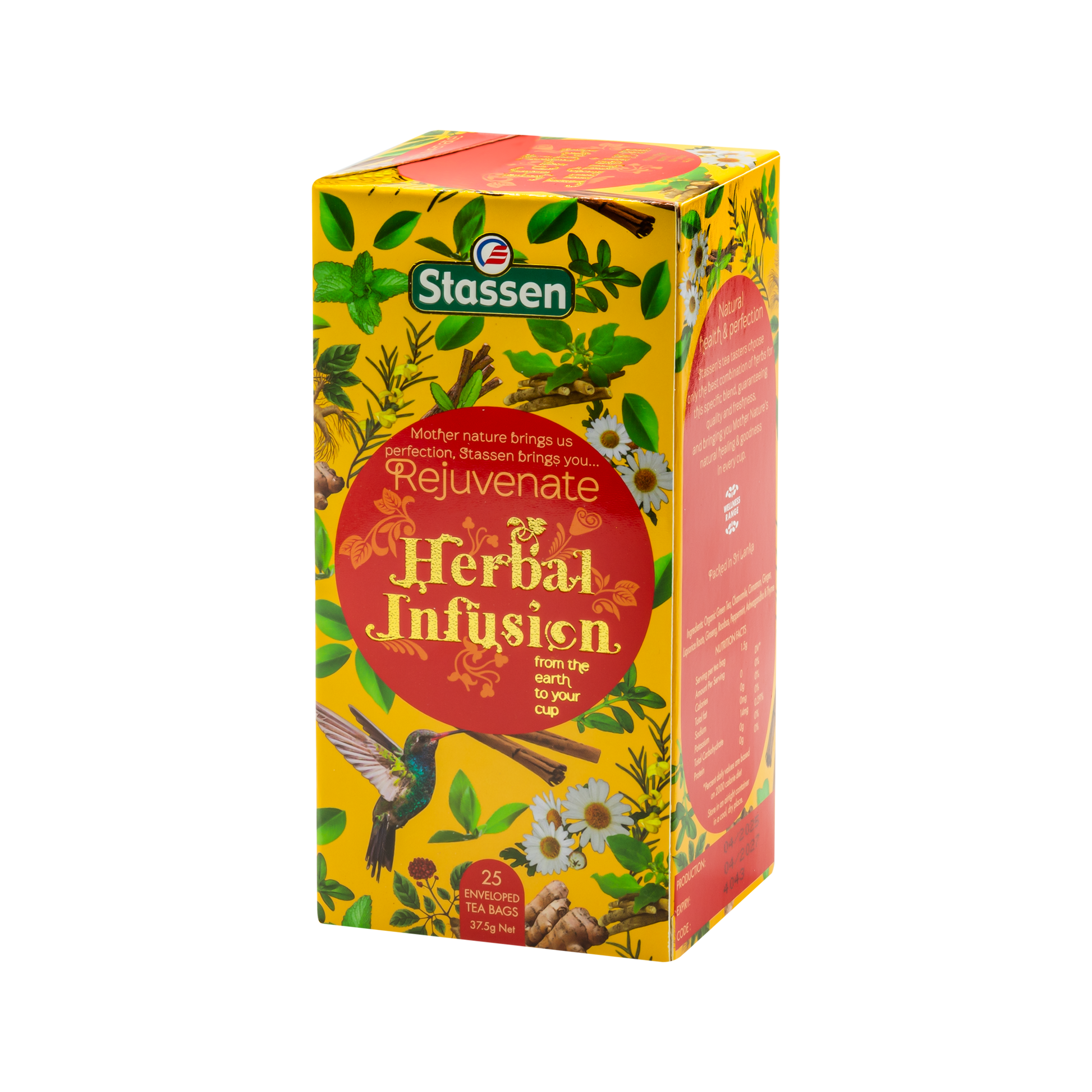 Boczne ujęcie pudełka herbaty ziołowej Stassen Rejuvenate Herbal Infusion marki Stassen.