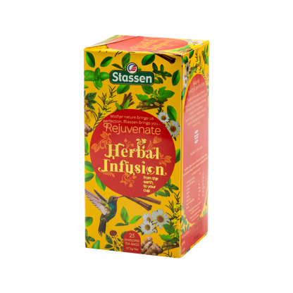 Boczne ujęcie pudełka herbaty ziołowej Stassen Rejuvenate Herbal Infusion marki Stassen.