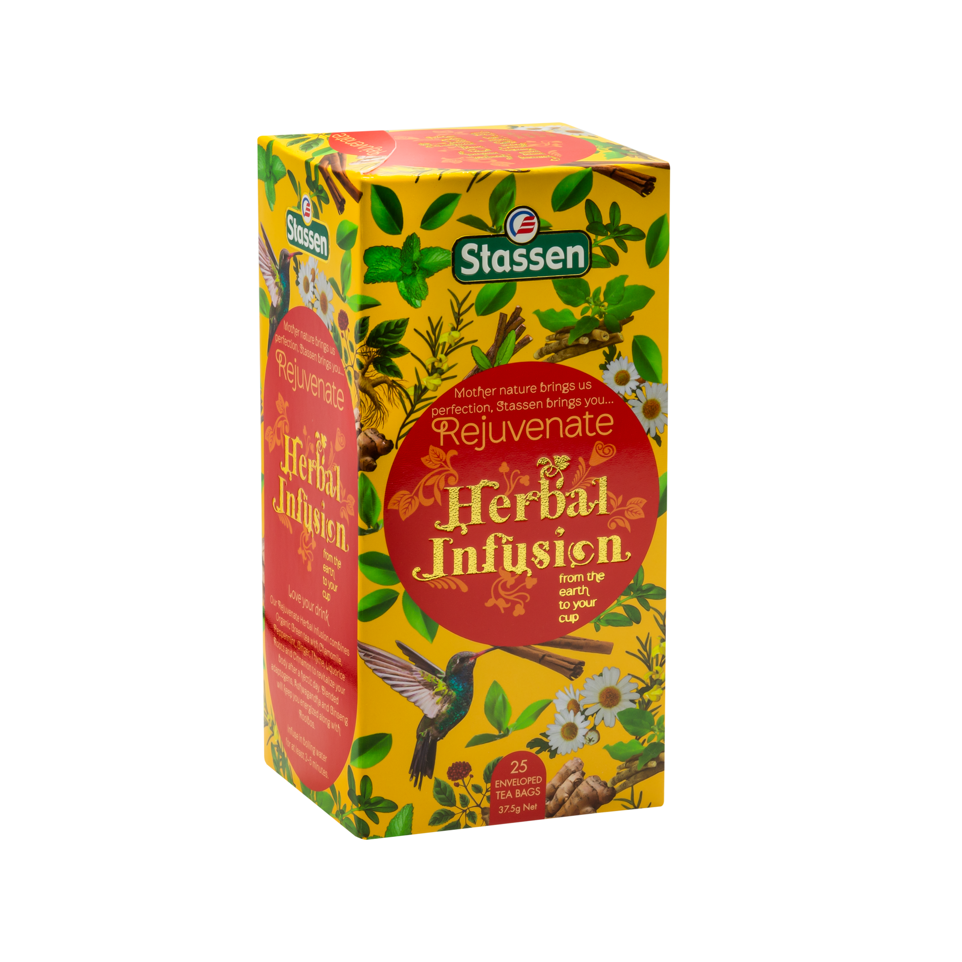 Ujęcie z prawej strony pudełka herbaty Stassen Rejuvenate Herbal Infusion z widocznymi detalami graficznymi.