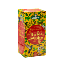 Ujęcie z prawej strony pudełka herbaty Stassen Rejuvenate Herbal Infusion z widocznymi detalami graficznymi.