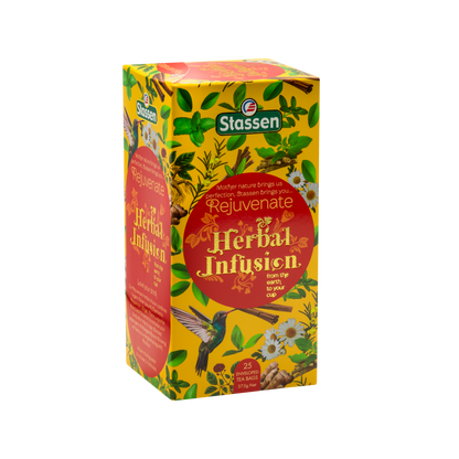 Ujęcie z prawej strony pudełka herbaty Stassen Rejuvenate Herbal Infusion z widocznymi detalami graficznymi.