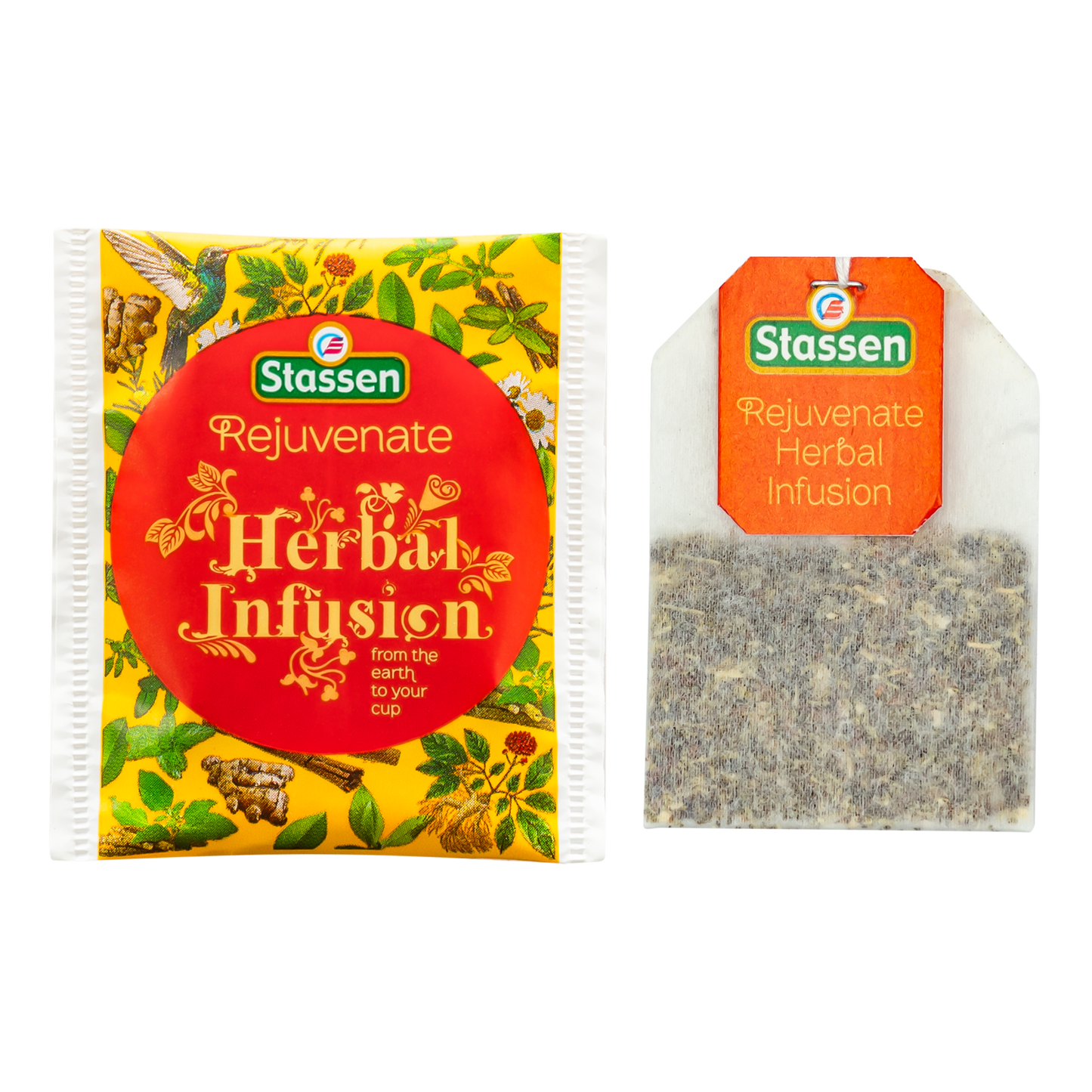 Opakowanie i torebka herbaty ziołowej Stassen Rejuvenate Herbal Infusion.
