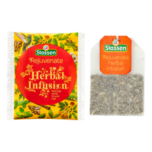 Opakowanie i torebka herbaty ziołowej Stassen Rejuvenate Herbal Infusion.