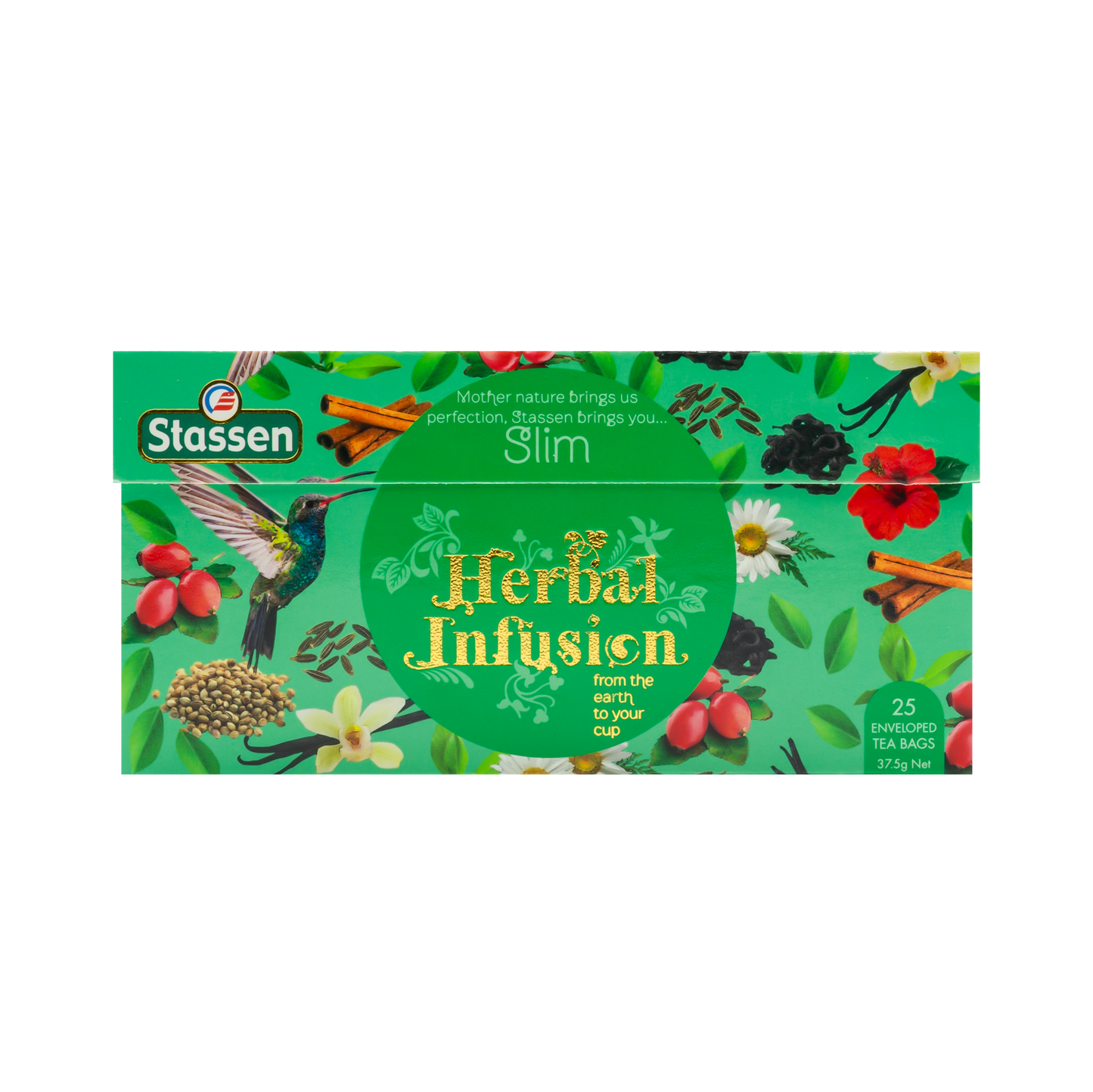 Pudełko herbaty Stassen Slim Herbal Infusion z ziołami, cynamonem i kolibrem.