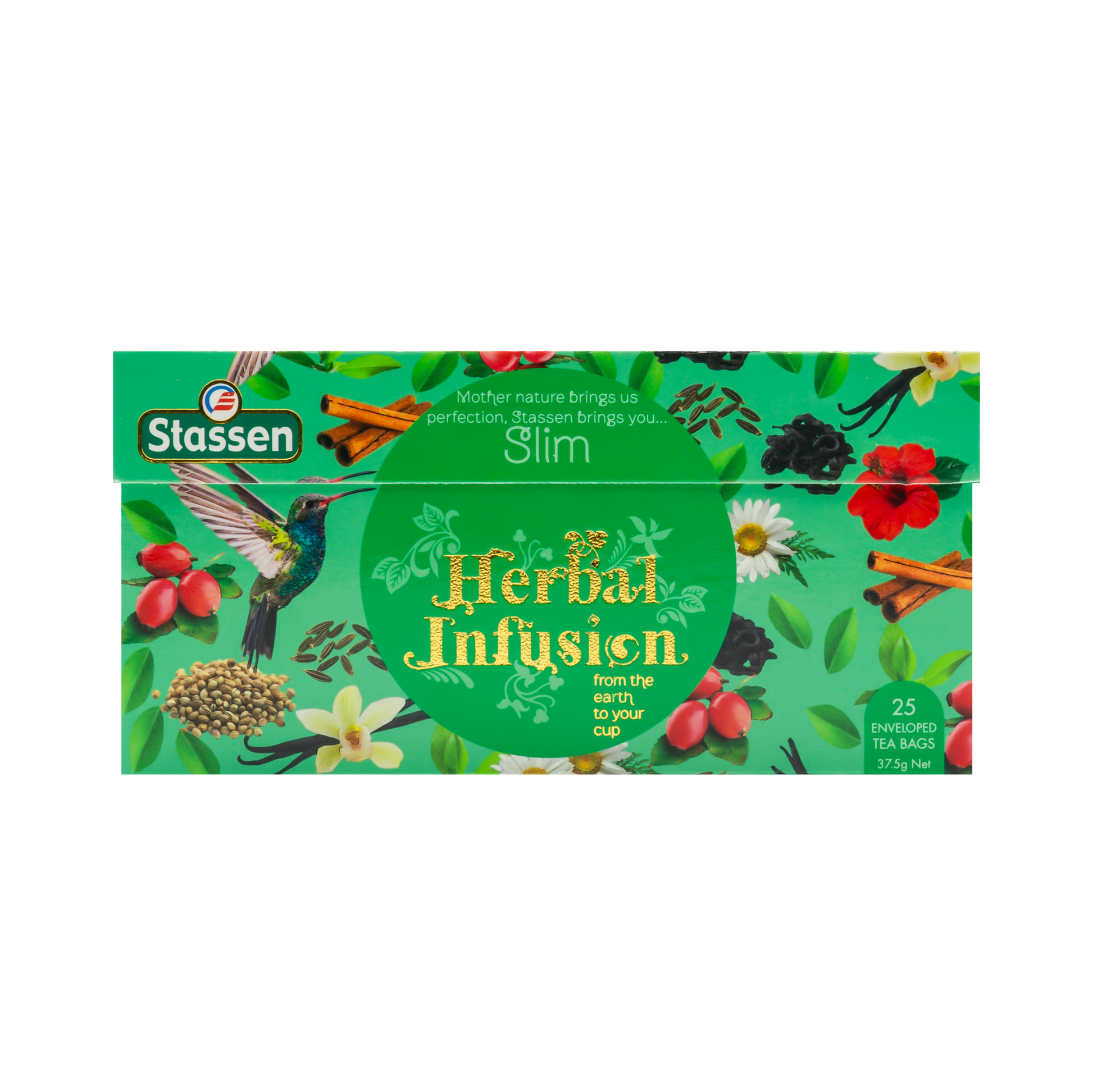 Pudełko herbaty Stassen Slim Herbal Infusion z ziołami, cynamonem i kolibrem.