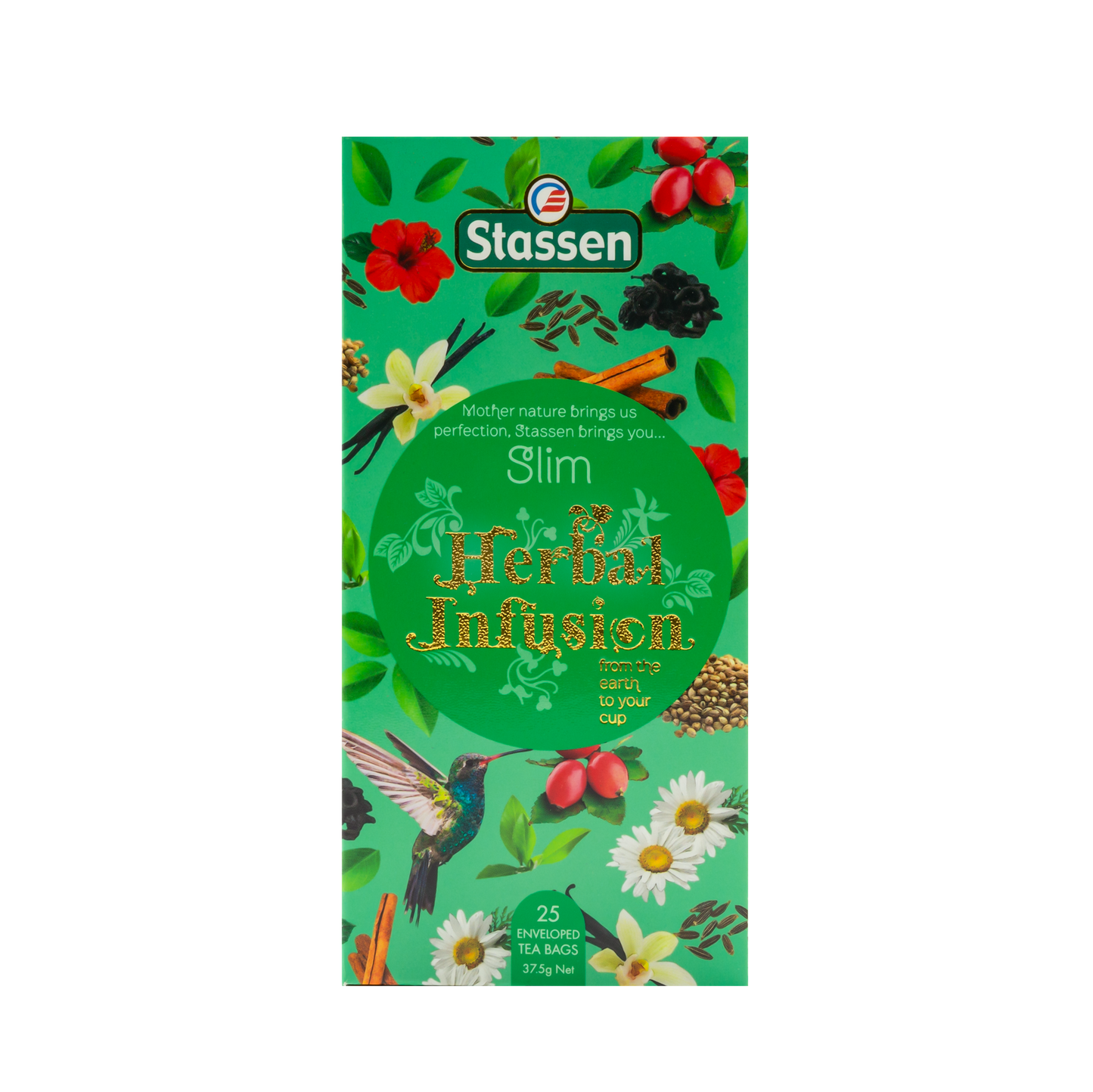 Widok z góry na pudełko herbaty ziołowej Stassen Slim Herbal Infusion.