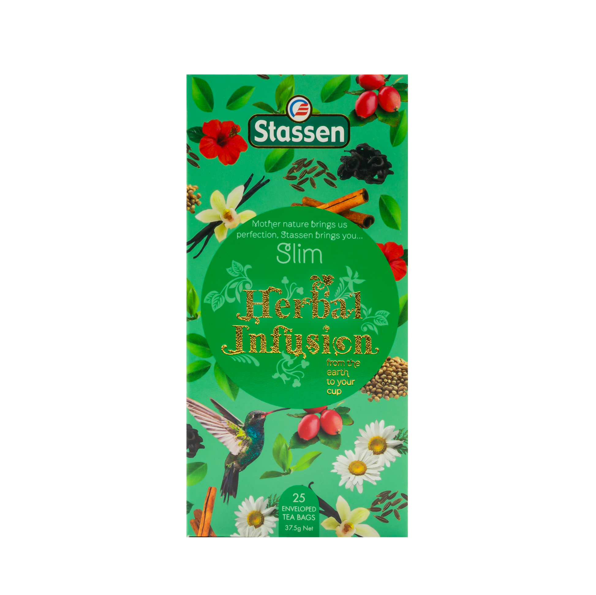 Widok z góry na pudełko herbaty ziołowej Stassen Slim Herbal Infusion.