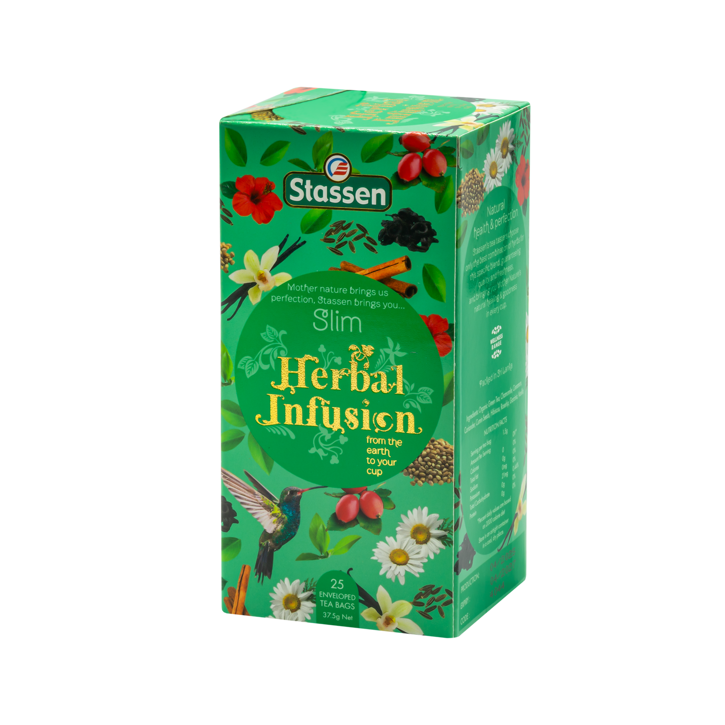 Boczne ujęcie pudełka herbaty ziołowej Stassen Slim Herbal Infusion marki Stassen.