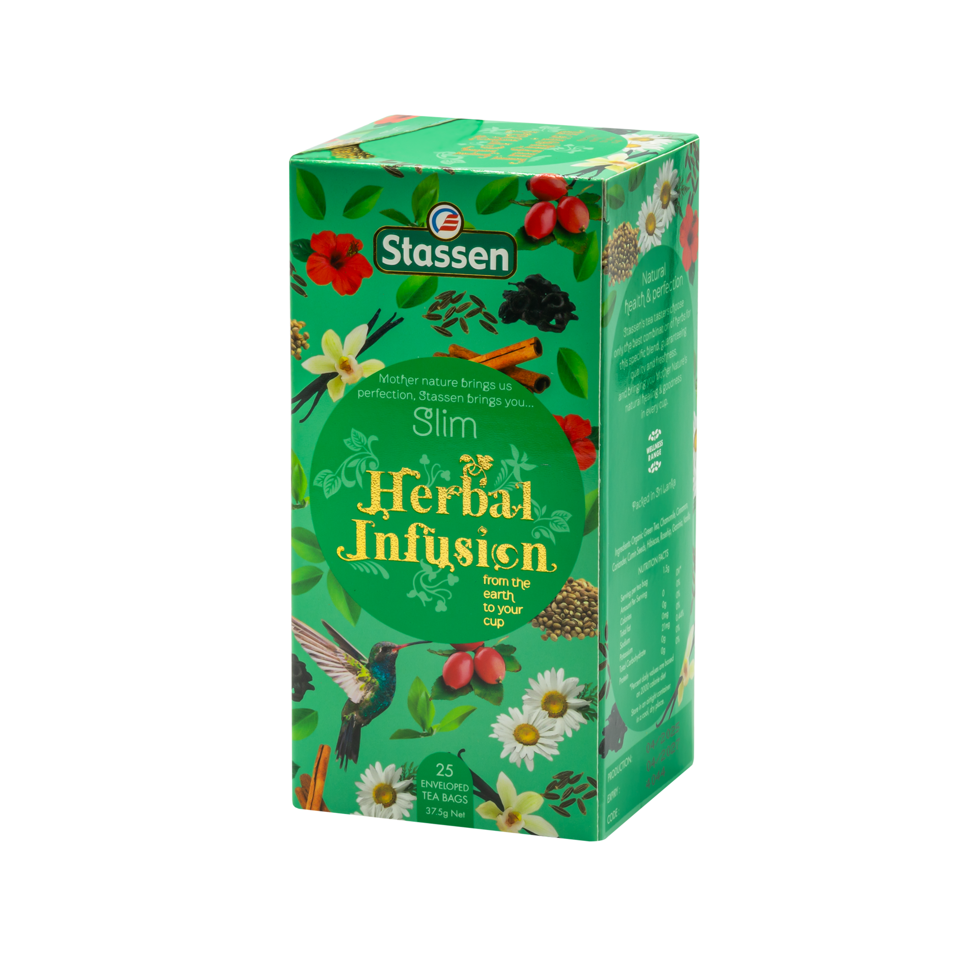 Boczne ujęcie pudełka herbaty ziołowej Stassen Slim Herbal Infusion marki Stassen.