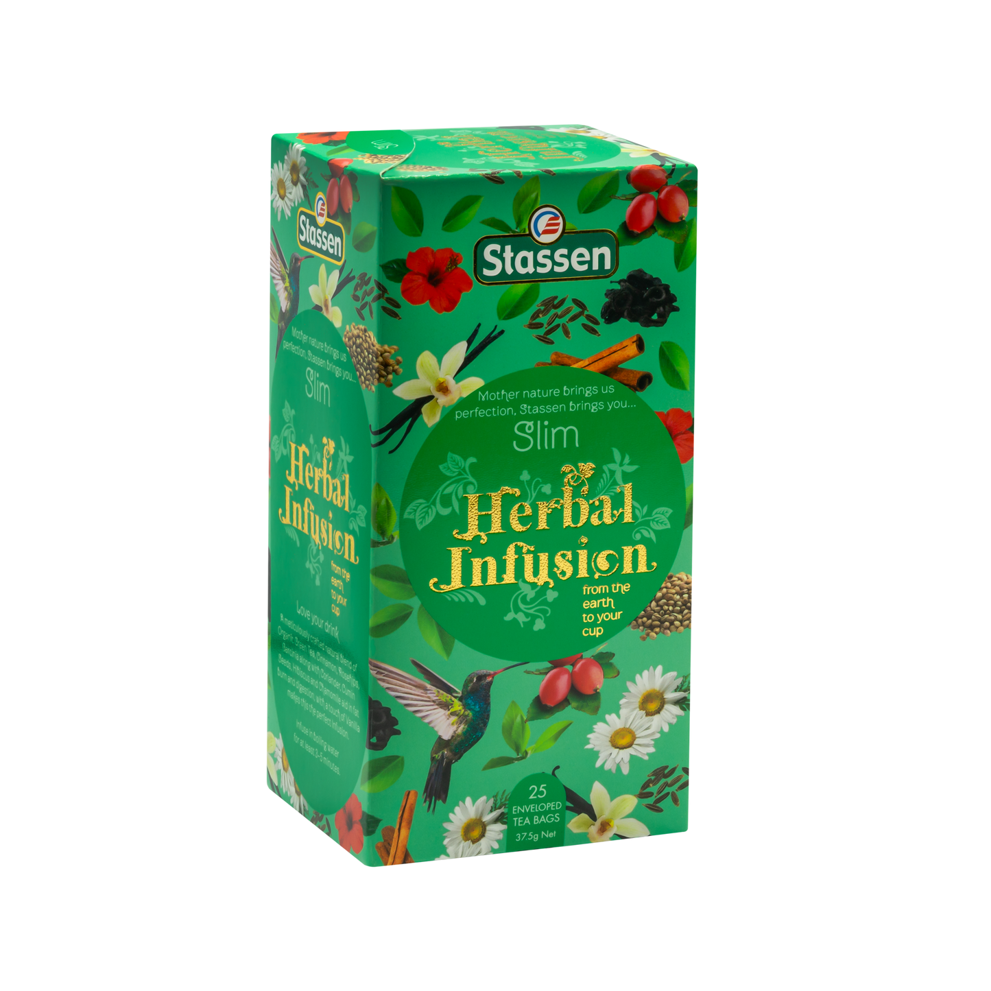 Ujęcie z prawej strony pudełka herbaty Stassen Slim Herbal Infusion z widocznymi detalami graficznymi.