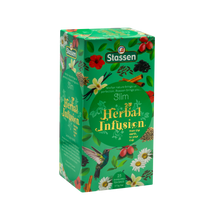Ujęcie z prawej strony pudełka herbaty Stassen Slim Herbal Infusion z widocznymi detalami graficznymi.