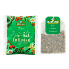 Opakowanie i torebka herbaty Stassen Slim Herbal Infusion z motywem roślinnym.