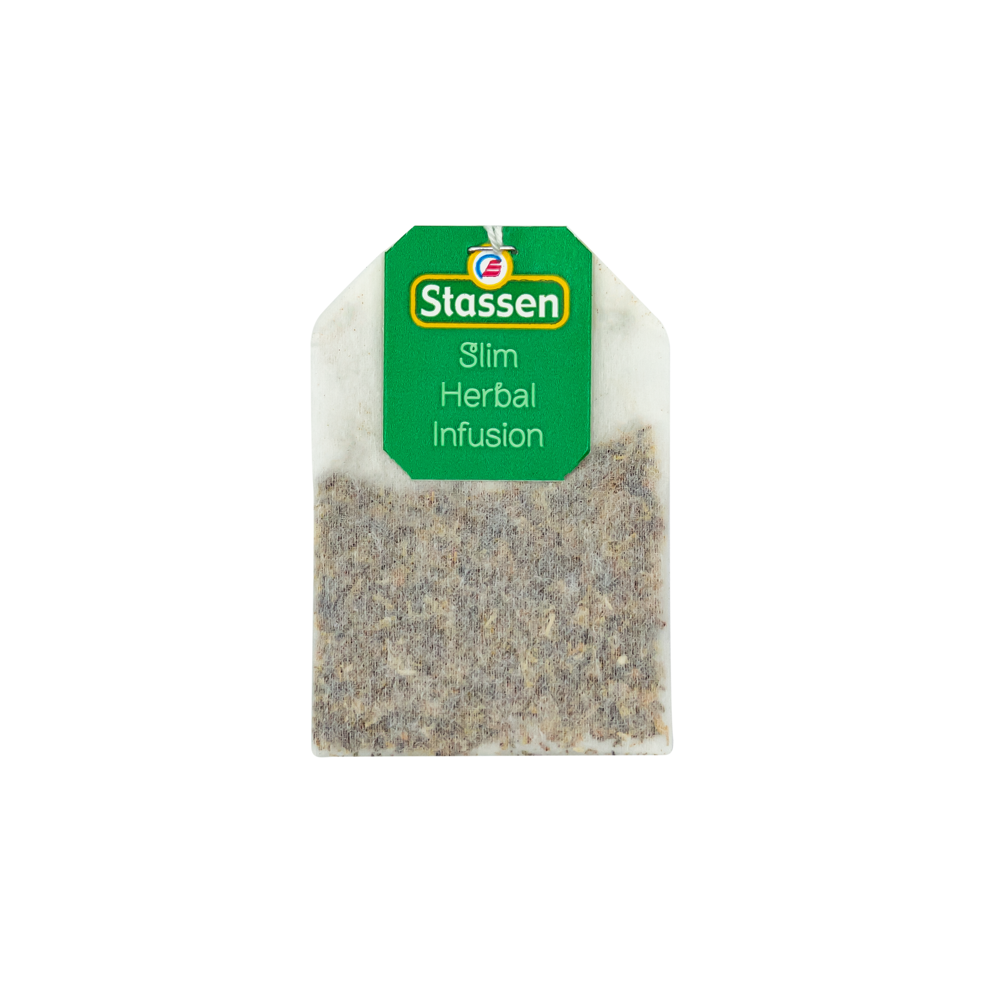 Torebka herbaty ziołowej Stassen Slim Herbal Infusion z zieloną etykietą.